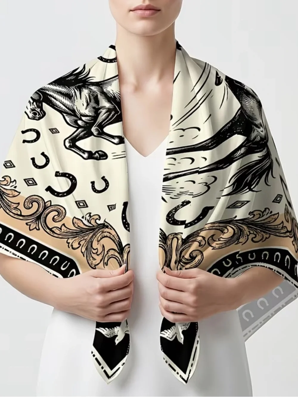 Horse Motif Scarf in Cream, Black & Gold